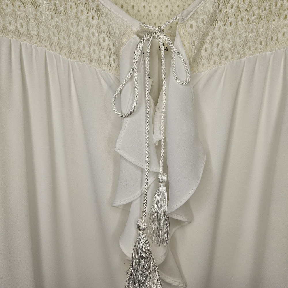 Boho Ivory Lace Yoke Peasant Blouse Tassel Tie Long Sleeve Size L Romantic Flowy - Picture 8 of 11